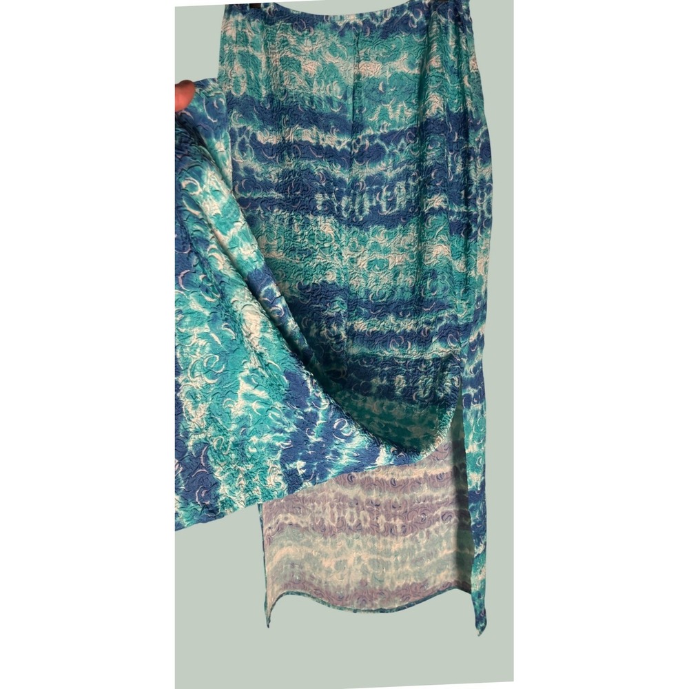 Lafayette 148 New York Silk Maxi Skirt 16 Crinkle Blue Turquoise Watercolor Wave - Picture 2 of 4